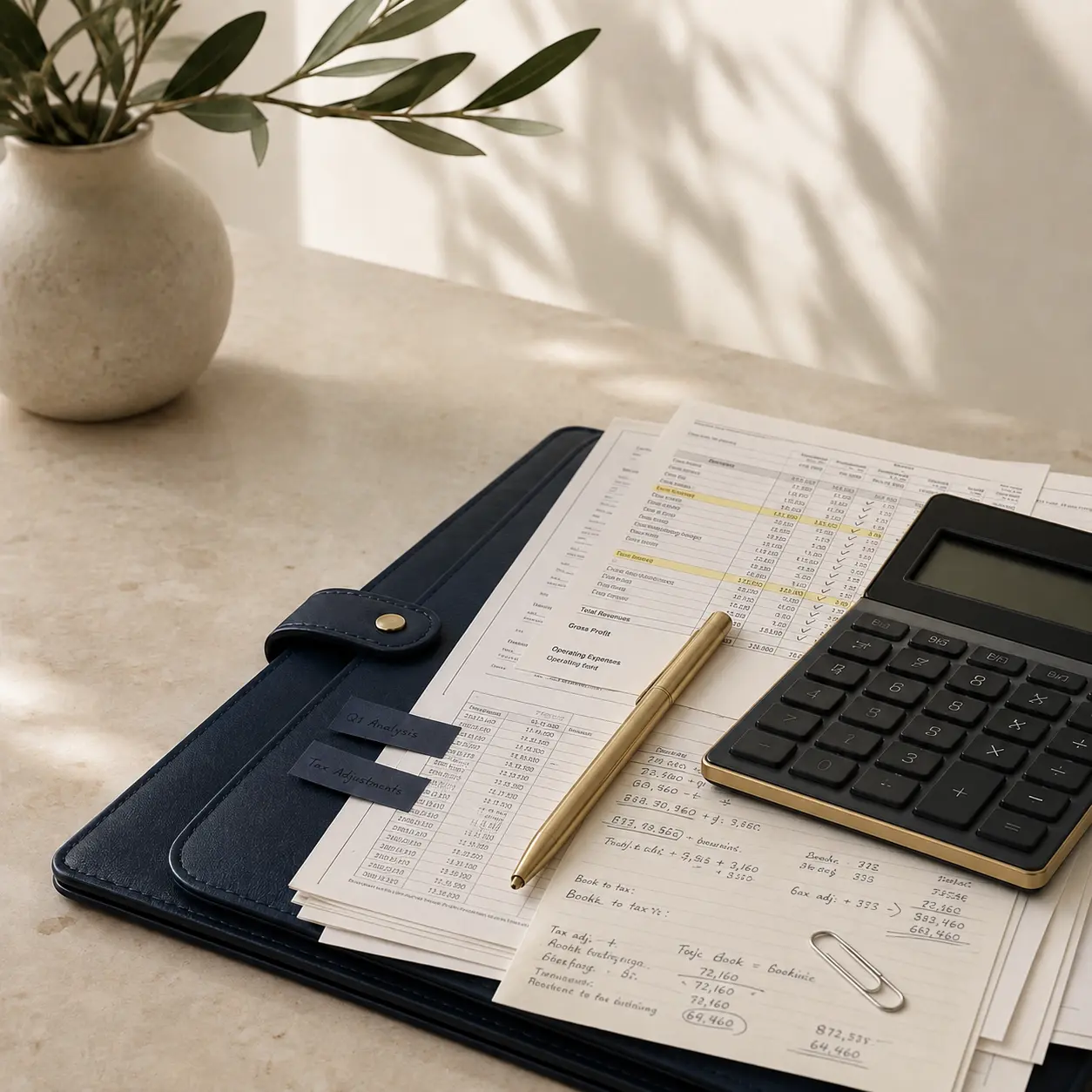 Organized professional tax workspace with navy folio, calculator and gold pen